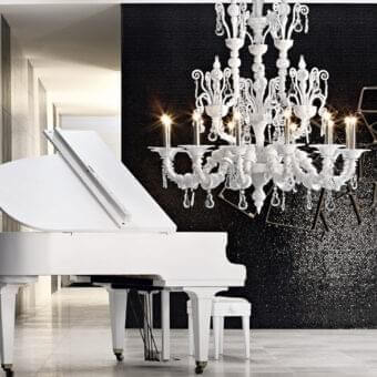 Exceptional Barovier&Toso Taif chandelier with clear Murano glass and polished chrome finish displaying ornate swirling arms and crystal-like pendants