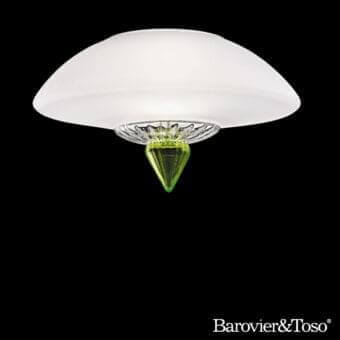 Distinguished Barovier&Toso Topkapi ceiling lamp with white sanded glass and vibrant green crystal pendant exhibiting textured illumination
