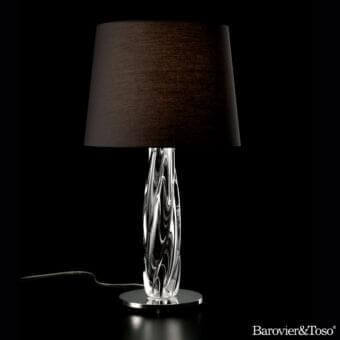 Distinguished Barovier&Toso Twins table lamp with twisted clear glass body and dark brown cylindrical textile lampshade