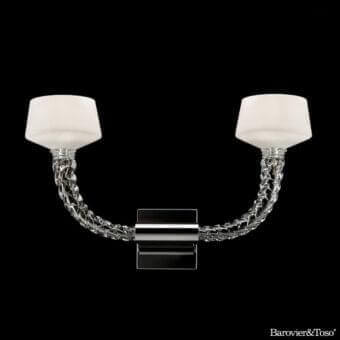 Distinguished Barovier&Toso Twins wall lamp with twisted transparent glass arms and white translucent glass lampshades crafted with polished metallic finish