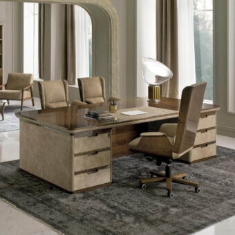 Lavish 4 Mariani Avatar desk built in dark walnut wood with a textile and leather inlay and high-gloss finish