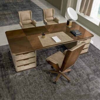 Distinguished 4 Mariani Avatar desk crafted in black walnut wood with beige leather accents and glossy finish
