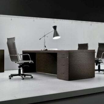 Exceptional 4 Mariani Blade desk with dark brown wood and saddle leather detailing offering a refined finish