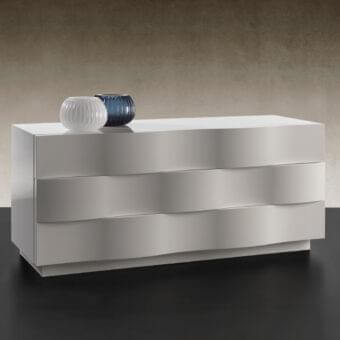 Distinguished Reflex Onda dresser with gently curved fronts and light gray lacquered wood finish, elevated by a matt black lacquered plinth
