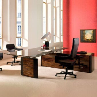 Distinguished 4 Mariani De-Symetria desk with veneered wood and melamine, accented by chromed steel support and saddle leather edges in a glossy brown finish