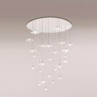 Elegant Reflex Sirius suspension lamp with white lacquered glass support and suspended clear borosilicate glass disks crafted in Italy