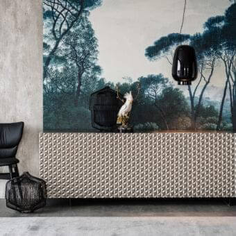 Captivating Cattelan Italia Royalton sideboard with three-dimensional volumes in painted polyurethane and matte gray beige finish