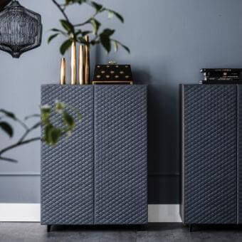 Superior Cattelan Italia Tiffany cupboard with quilted eco-leather upholstery in a muted blue-gray tone and recessed handles