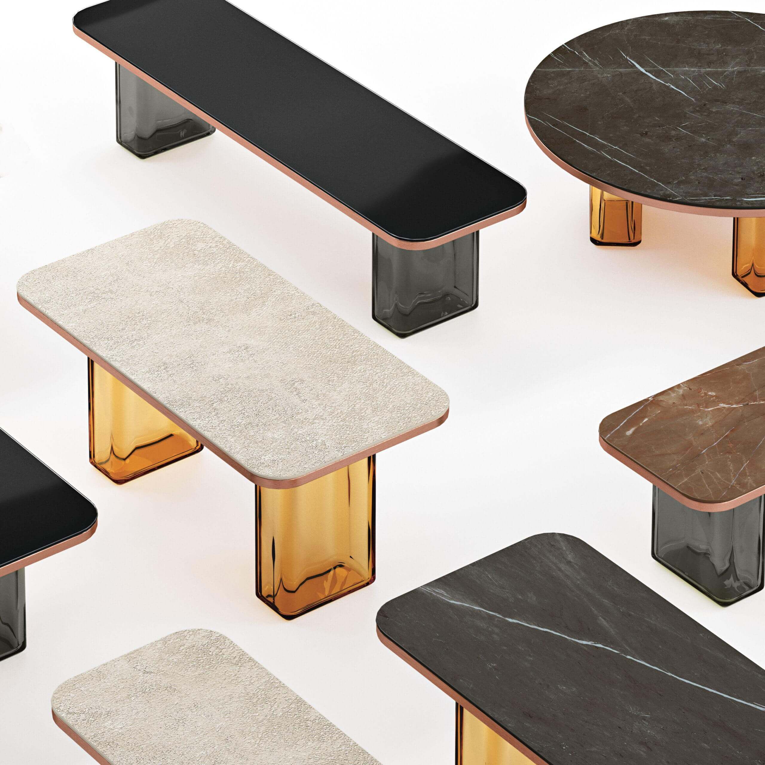 Contemporary tables, stone tabletops with veining, transparent bases with copper accents, minimalist modern design, Cassoni collection 2017.