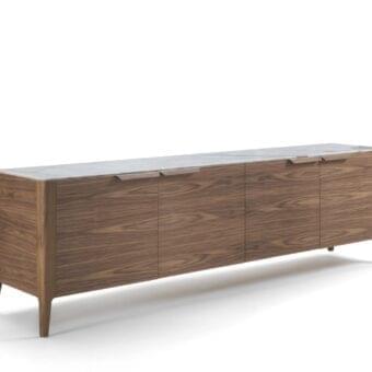 Exceptional Porada Atlante sideboard built in solid Canaletto walnut with a satin finish and contrasting marble countertop