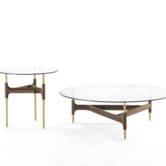 Exceptional Porada Joint coffee table with round clear glass top and solid Canaletto walnut base in brushed brass metal finish