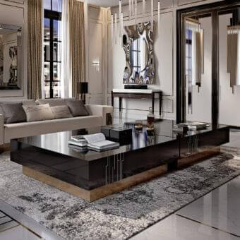 Exclusive Reflex Belle Epoque coffee table with nero beluga lacquered glass tabletop and satin brass finished wooden base