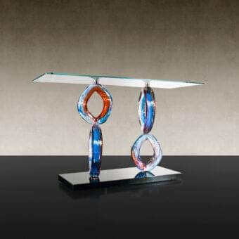 Distinguished Reflex Venezia console with rectangular extra clear glass and multicolored Murano glass bases in black lacquered glass