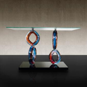 Captivating Reflex Venezia console with sculptural multicolored Murano glass bases and beveled extra-clear glass tabletop in black lacquered glass