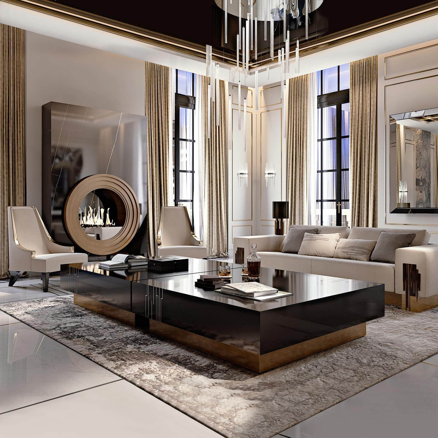 Living room with black coffee table, cream sofa, beige armchairs, mirrored fireplace, and gold accents on gray rug.