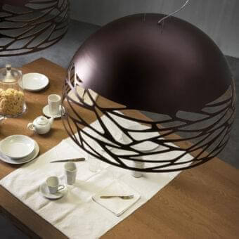 Superior Lodes Kelly Dome suspension lamp with a dark glossy brown shade and coppery bronze metal structure built with a refined glossy white glass diffuser