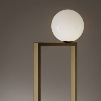 Venicem floor lamp, brushed brass and white glass, geometric rectangular frame with spherical shade, minimalist modern design.