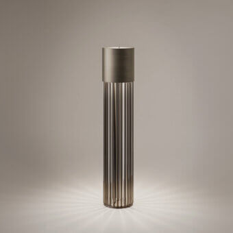 Exclusive VENICEM Chic floor lamp with dark bronze striped structure and smoke grey Murano blown glass trihedrons crafted in Italian design