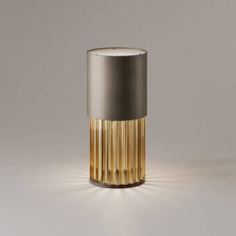 Distinguished VENICEM Chic table lamp with dark bronze striped structure and stunning Murano blown glass trihedrons crafted in a muted bronze finish