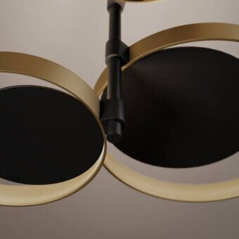 Venicem circle ceiling lamp, matte black finish, multiple circular shades with brushed brass rings in layered arrangement.