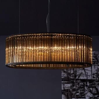 Distinguished VENICEM Crown suspension lamp with amber Murano blown glass trihedrons and matte black nickel finish