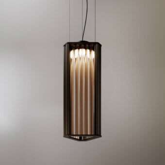 Distinguished VENICEM Numa suspension lamp in dark burnished brass with refined Murano blown glass trihedrons and warm amber rods