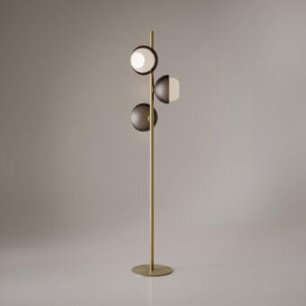 Exceptional VENICEM Urban floor lamp crafted with burnished brass and perforated metal lampshades with Murano glass spheres in dark brown and light gray tones