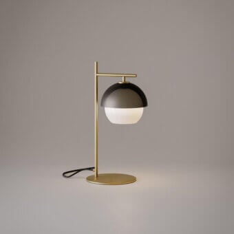 Elegant VENICEM Urban table lamp with burnished brass, a matt gold finish and perforated metal mesh lampshade with white Murano glass diffuser