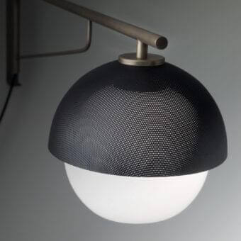 Exceptional VENICEM Urban Wall Turning Arm Lamp with perforated metal mesh, white Murano glass diffuser and burnished brass structure