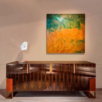 Sophisticated OAK Montenapoleone sideboard crafted from wood with a polished ebony finish and reddish-brown metal accents with galouchat leather detailing