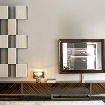 Superior Rugiano Blade TV stand with ebony wood and sleek metal base in glossy dark brown and matte finish