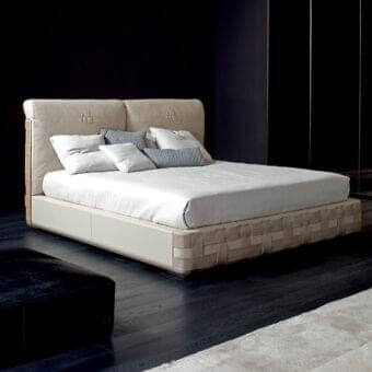 Distinctive Rugiano Braid bed crafted in light beige leather with woven detailing and recessed headboard accents exhibiting a smooth matte finish