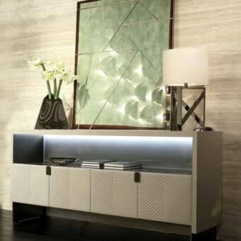 Exceptional Rugiano Iolanda sideboard with light cream leather, embroidered chevron patterns and glossy gold metal legs