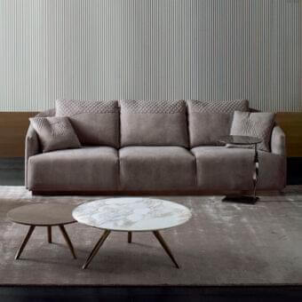 Exceptional Rugiano Opera sofa with muted taupe textured fabric upholstery and sleek dark metal base