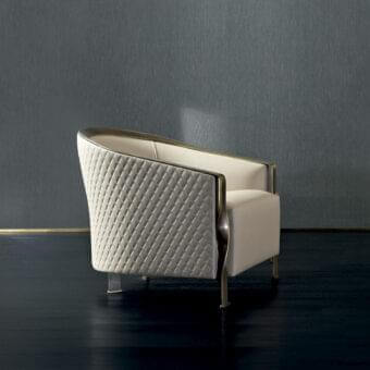Exclusive Rugiano Paris lounge chair with light beige fabric upholstery and polished satin golden metal frame