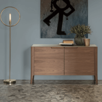 Elegant Porada Atlante sideboard crafted in solid Canaletto walnut with smoked glass doors and a speckled lighter top