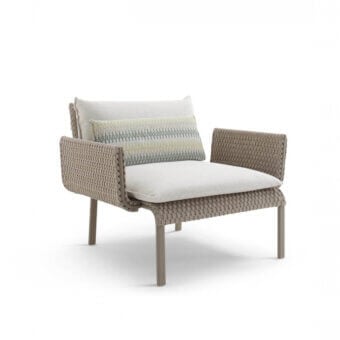 Exceptional Roberti Rattan Key West lounge chair with light beige aluminum and hand-woven Sunrope, accented by a plush white cushion