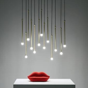 Refined Penta Storm suspension lamp with varnished metal, cascading vertical elements and translucent spherical shades