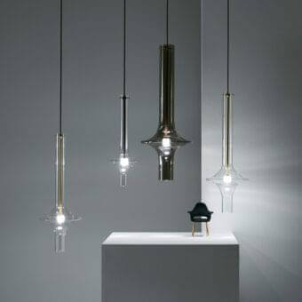 Superior Penta Wonder suspension lamp with muted gold matt varnished metal and transparent borosilicate glass shade
