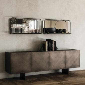 Sophisticated Cattelan Italia Arizona sideboard with brushed bronze exterior and graphite painted wood shelves crafted in moka extra clear glass and black steel