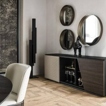 Elegant Cattelan Italia Aston sideboard with black embossed wood and steel, plus quilted leather and brushed bronze doors