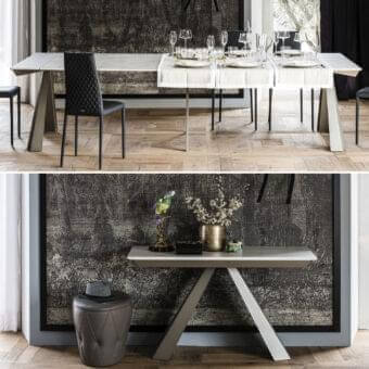 Exceptional Cattelan Italia Convivium extendable console crafted with titanium embossed steel and grey London Fenix laminated wood with textured finish
