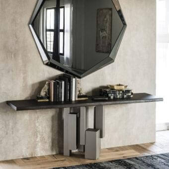 Distinguished Cattelan Italia Skyline console with Canaletto walnut top, embossed lacquered steel base and matte finish