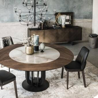Distinguished Cattelan Italia Soho Ker-Wood table with Canaletto walnut and glossy Golden Calacatta ceramic Marmi, built with black embossed lacquered steel