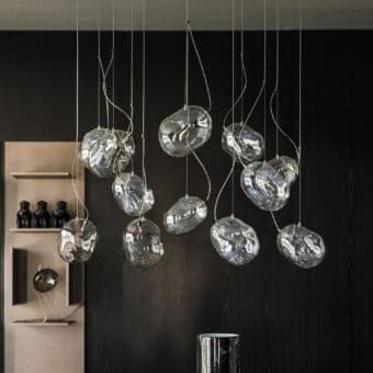Exceptional Cattelan Italia Cloudine suspension lamp with clusters of blown glass exhibiting glossy, silvery tones and internal distortions