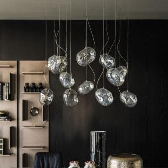Exceptional Cattelan Italia Cloudine suspension lamp with organically shaped clear blown glass shades and fumé finish