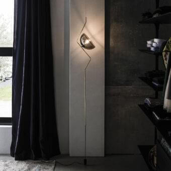Elegant Cattelan Italia Tramonto floor lamp with brass steel frame and fumé glass lampshade exhibiting a muted gold finish