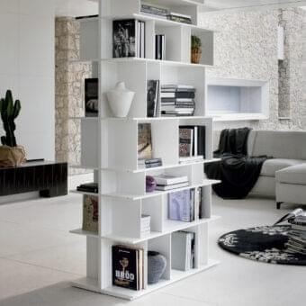 Distinguished Cattelan Italia Wally bookcase built with embossed MDF in matte lacquered white, showcasing a geometric arrangement