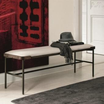Distinguished Porada Astol bench with solid Ash wood and metal base crafted in a bronze finish, upholstered in light neutral fabric