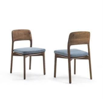 Elegant Porada Emma chair with solid Canaletto walnut wood and stylish blue-gray fabric upholstery with a smooth matte finish